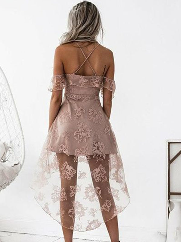 2024 A-Line Homecoming Dresses Giselle Lace Straps Criss Cross Off-The-Shoulder High Low Cut Short/Mini