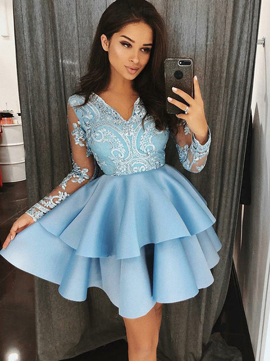 Lilly Homecoming Dresses 2024 Ball Gown V Neck Long Sleeve Applique Beading Layers Cut Short/Mini