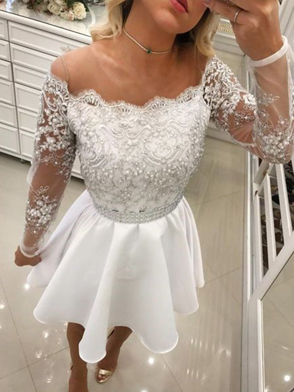 2024 A-Line Off-The-Shoulder Homecoming Dresses Celeste Long Sleeve Applique Beading Cut Short/Mini