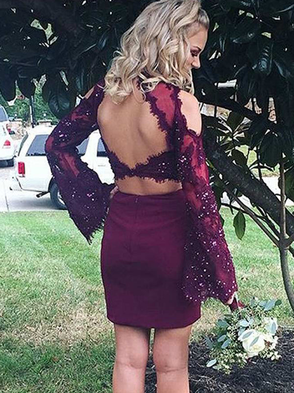 2024 Sheath/Column Halter Long Sleeve Cut Out Homecoming Dresses Melody Back Applique Beading Two Piece Cut Short/Mini