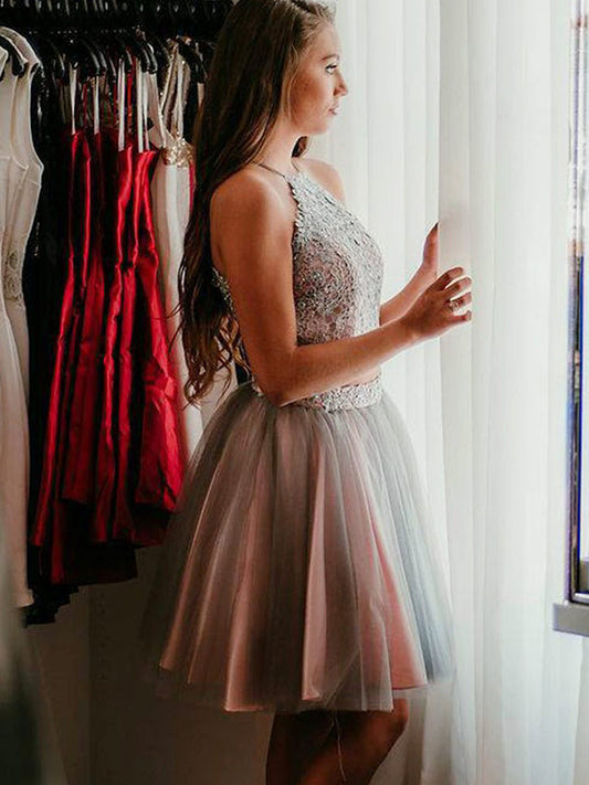 Homecoming Dresses Nita 2024 Ball Gown Two Piece Halter Sleeveless Applique Tulle Knee-Length