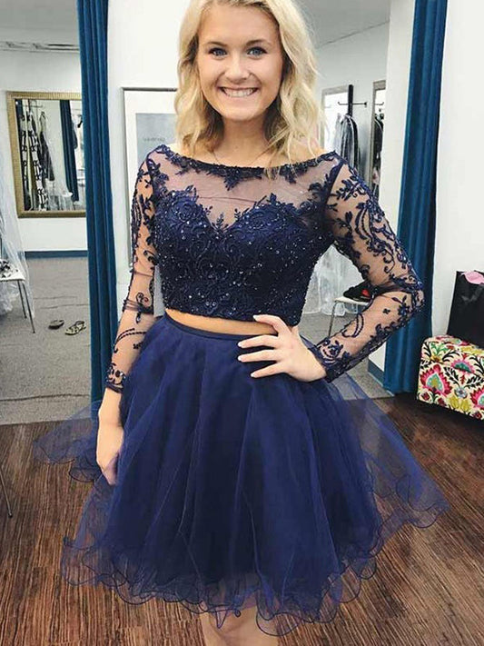 2024 Ball Gown Two Homecoming Dresses Ryleigh Piece Bateau Neck Long Sleeve Applique Beading Organza Cut Short/Mini