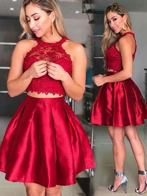 2024 A-Line Halter Janiya Lace Satin Homecoming Dresses Sleeveless Pleated Cut Short/Mini