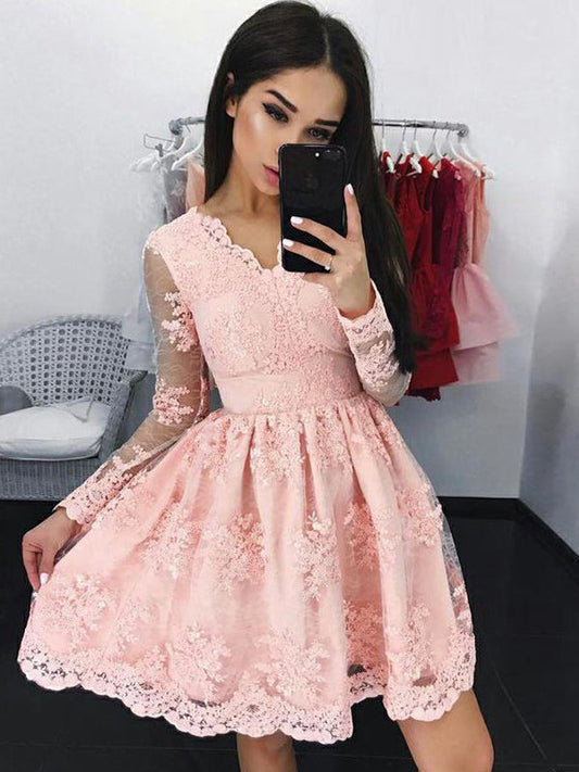 Homecoming Dresses Sydney Lace 2024 A-Line V Neck Long Sleeve Applique Pleated Cut Short/Mini