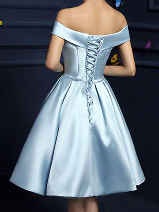 2024 A-Line Off-The-Shoulder Bowknot Knee-Length Lace Satin Homecoming Dresses Jazmyn Up