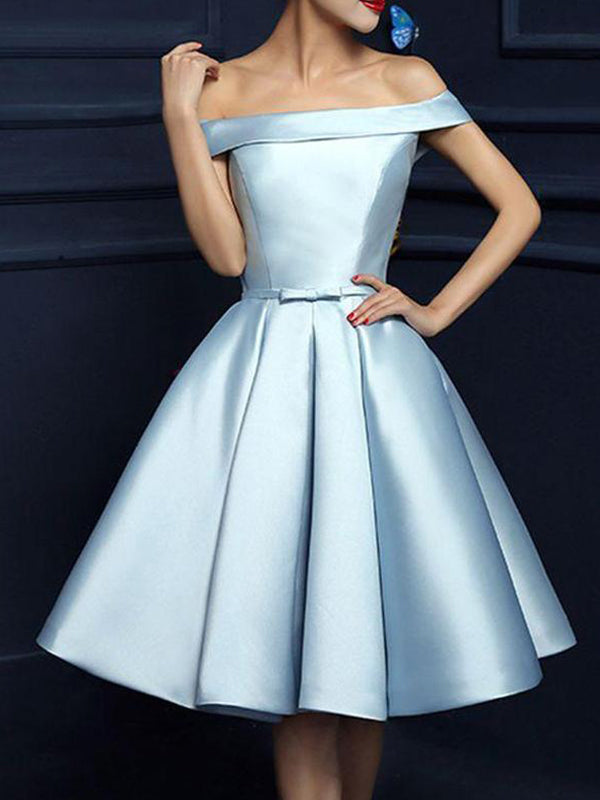 2024 A-Line Off-The-Shoulder Bowknot Knee-Length Lace Satin Homecoming Dresses Jazmyn Up