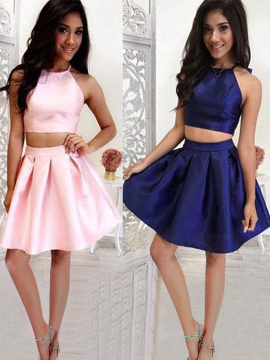 Two Piece Halter Sleeveless Pleated Satin Homecoming Dresses Shiloh Cut Short/Mini