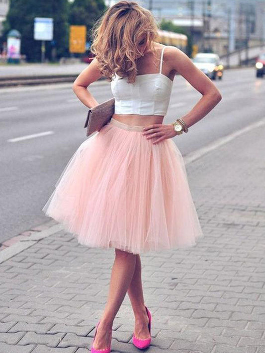 Two Piece Ball Gown Tulle Square Neck Straps Homecoming Dresses Margery Sleeveless Knee-Length