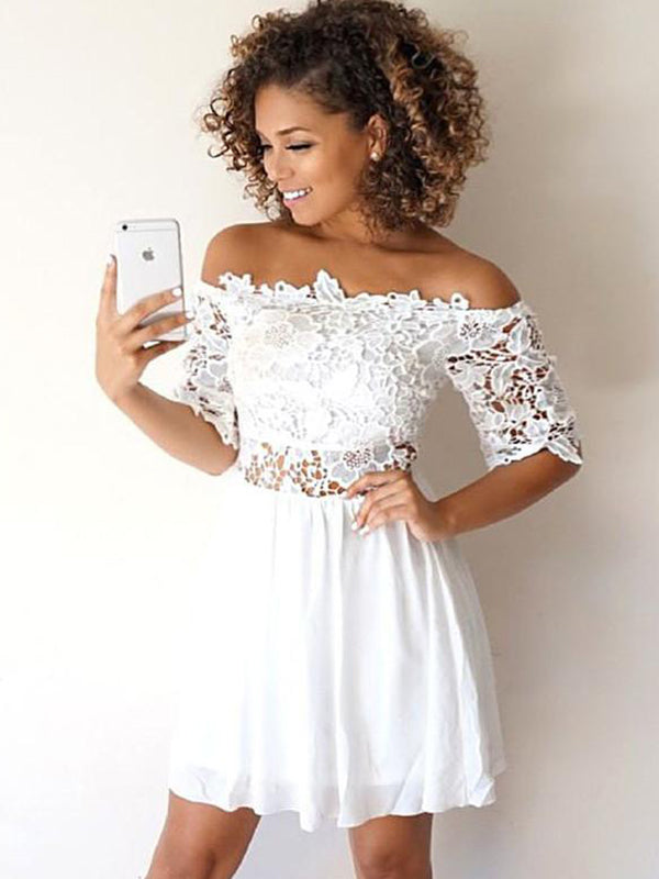 White Off-The-Shoulder Half Alyssa Homecoming Dresses Lace Sleeve Cut Shorts Mini