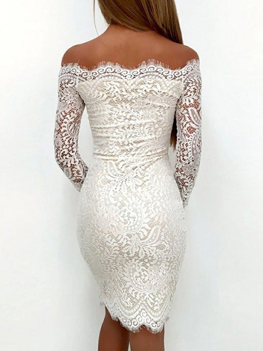 White Off-The-Shoulder Homecoming Dresses Lace Yamilet Cut Short/Mini Sheath/Column Long Sleeve