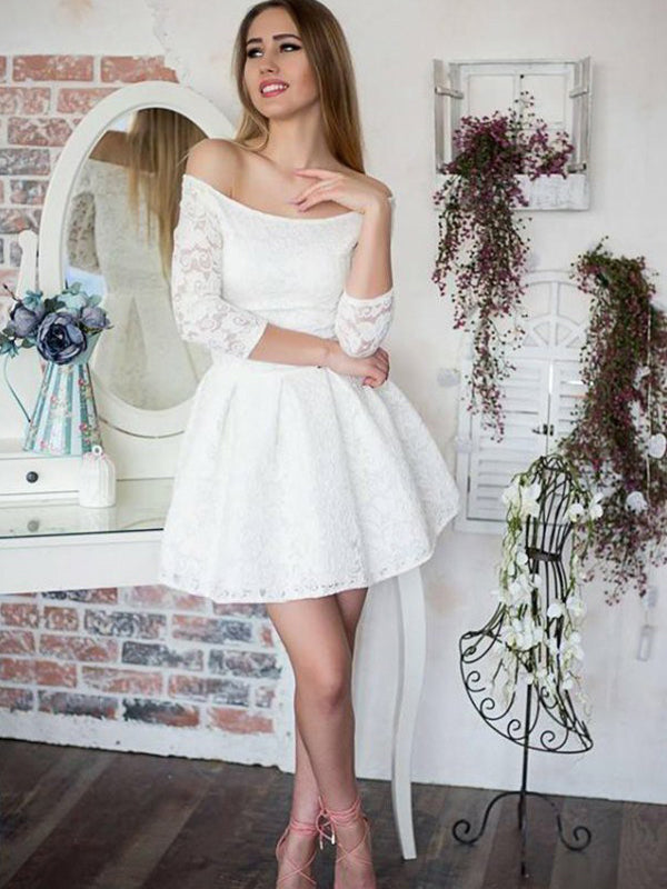 Ball Gown White 3/4 Pauline Lace Homecoming Dresses Sleeve Off-The-Shoulder Cut Short/Mini