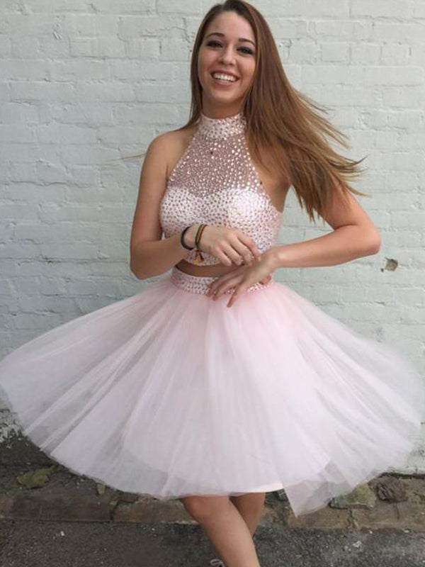 Pink Briley Homecoming Dresses Two Piece High Neck Open Back Beading Pearl