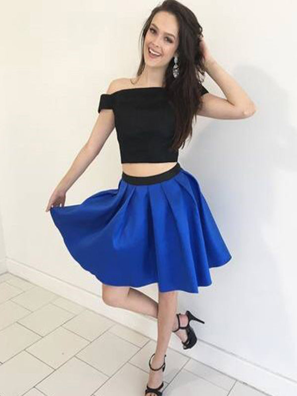 Homecoming Dresses Satin Ali Two Piece Off-The-Shoulder Pleated Cut Short Mini