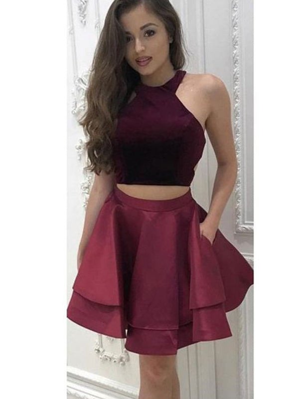 Two Piece Halter Allisson Homecoming Dresses Satin Sleeveless Cut Short A-Line Mini