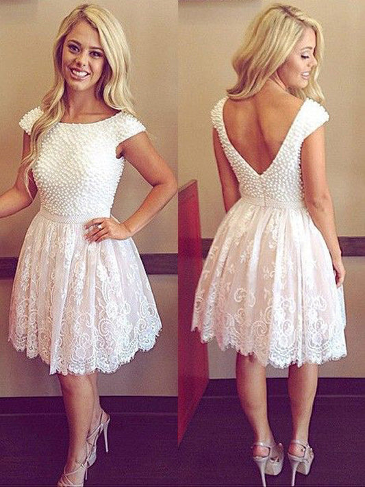 Knee-Length Kiara Lace Homecoming Dresses Pearls Beading Scoop Neck V Back