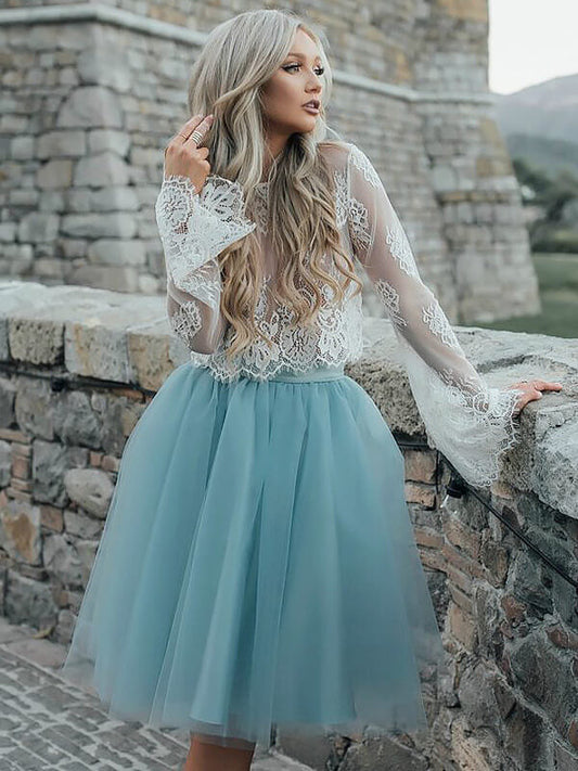 Two Lace Homecoming Dresses Brianna Piece See Through Scoop Neck Long Sleeve Tulle Ball Gown Knee-Length