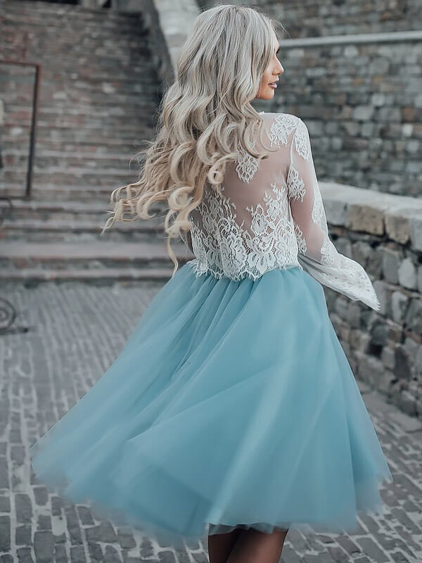 Two Lace Homecoming Dresses Brianna Piece See Through Scoop Neck Long Sleeve Tulle Ball Gown Knee-Length