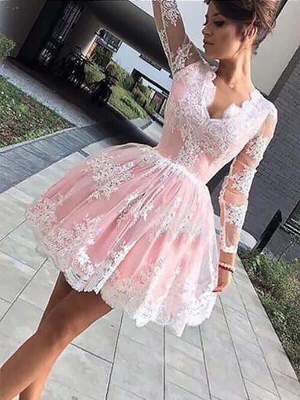 Ball Gown V Neck Long Sleeve Applique Cut Short Homecoming Dresses Joan Mini