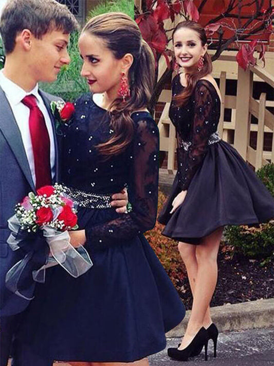 Scoop Neck Long Sleeve Backless Cut Short Mini Beading Yareli Lace Homecoming Dresses Ball Gown