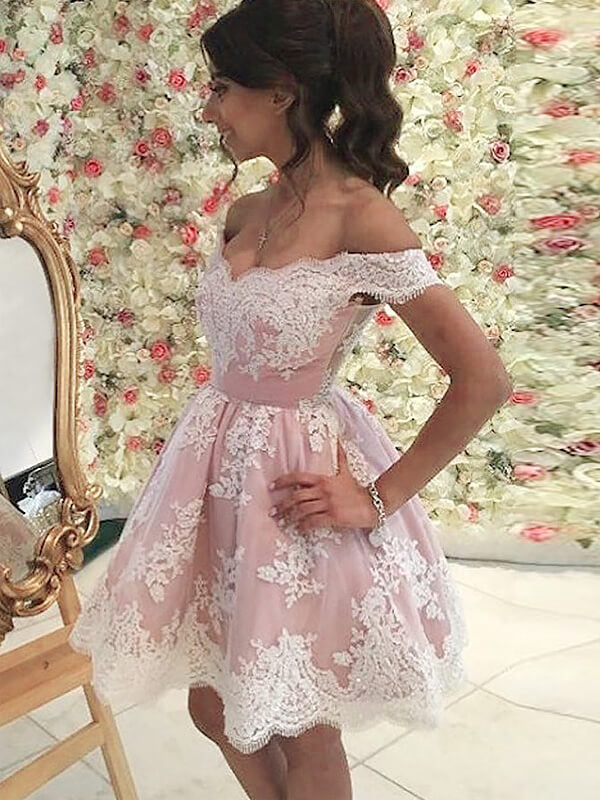 Off-The-Shoulder Homecoming Dresses Karissa Lace Cut Short Mini Applique Tulle