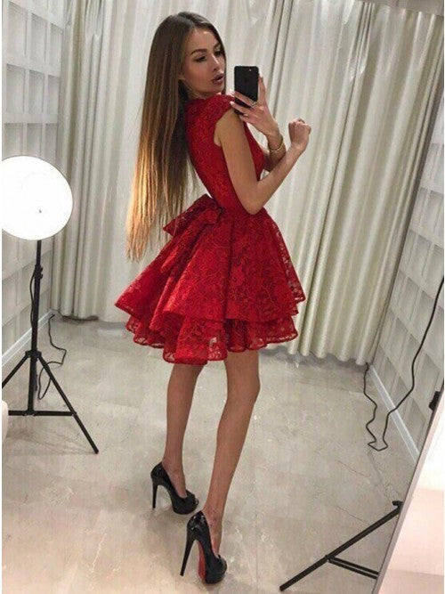 Cap Sleeves Jewel Red Tiered Short A Line Lace Daisy Homecoming Dresses Flowers Pleated