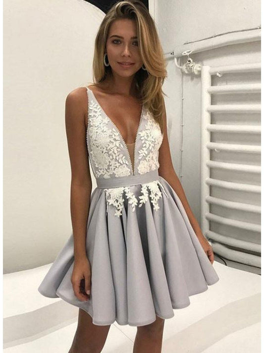 Silver Deep V Neck Straps Appliques Homecoming Dresses A Line Satin Lace Ayanna Pleated Flowers