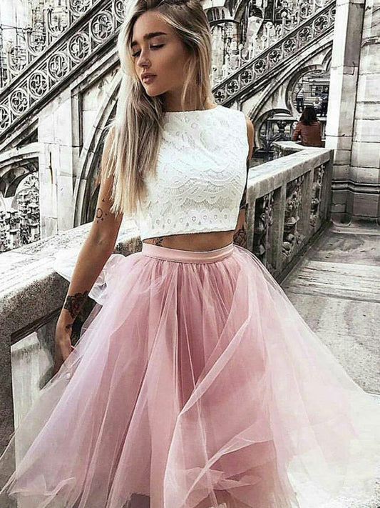 Halter Jewel Tulle Siena Lace A Line Two Pieces Homecoming Dresses Pink Pleated Sleeveless