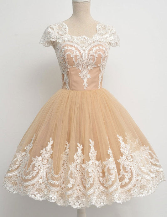 Square Neck Lace A Line Homecoming Dresses Coral Champagne Cap Sleeve Tulle Pleated Appliques