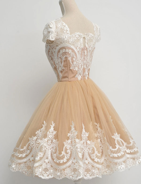 Square Neck Lace A Line Homecoming Dresses Coral Champagne Cap Sleeve Tulle Pleated Appliques