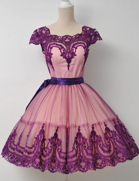 Square Neck Fuchsia Cap Sleeve Lace Kaelyn A Line Homecoming Dresses Appliques Ribbon Trim