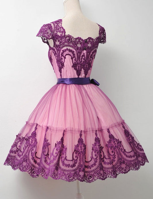 Square Neck Fuchsia Cap Sleeve Lace Kaelyn A Line Homecoming Dresses Appliques Ribbon Trim