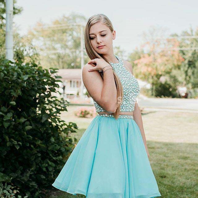 Halter Sleeveless Homecoming Dresses Alexa Chiffon A Line Two Pieces Rhinestone Pleated Blue