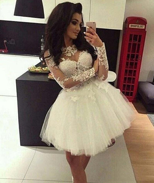 Jewel Long Sleeve Appliques Pleated Tulle A Line Nancy Lace Homecoming Dresses Sheer Short