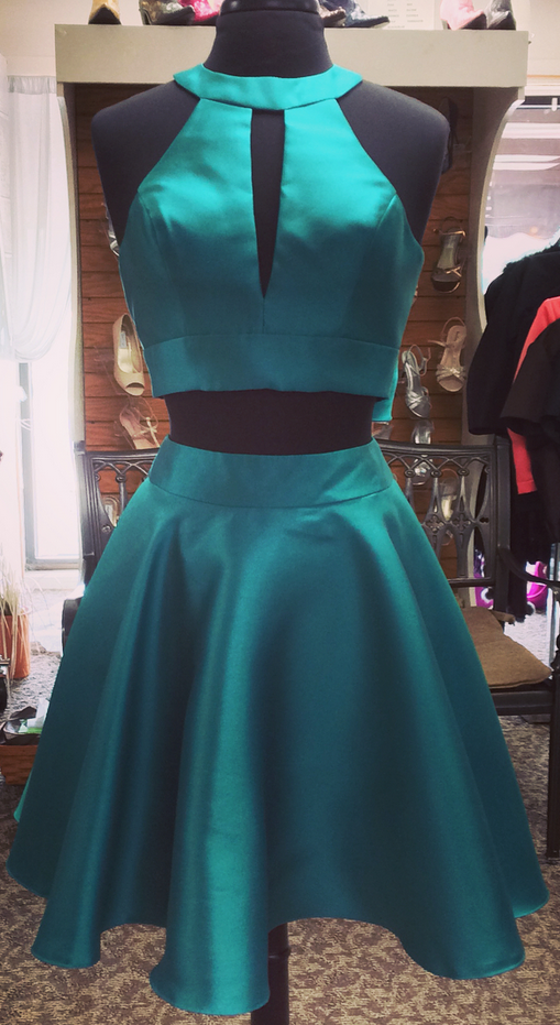 Halter Sleeveless Cut Two Pieces A Line Homecoming Dresses Satin Johanna Out Bow Knot Teal Pleated