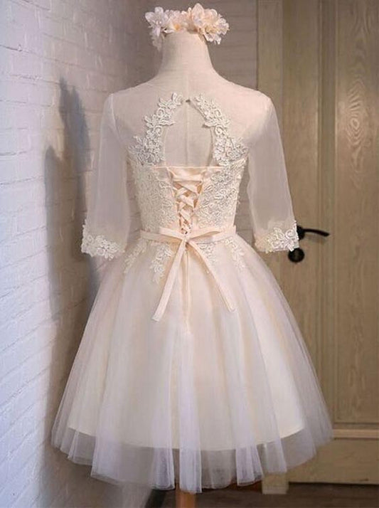 Half Sleeve Sheer Scoop Appliques Tulle Lace Homecoming Dresses Ivory Ariel A Line Cut Out Pleated Up