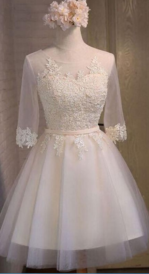 Half Sleeve Sheer Scoop Appliques Tulle Lace Homecoming Dresses Ivory Ariel A Line Cut Out Pleated Up