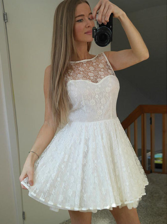 Bateau Backless Lace Homecoming Dresses A Line Lydia Sheer Sleeveless White Pleated Mini