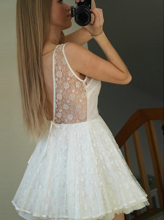 Bateau Backless Lace Homecoming Dresses A Line Lydia Sheer Sleeveless White Pleated Mini