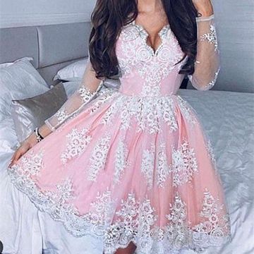 Pink Summer Lace Homecoming Dresses Long Sleeve Ball Gown Pleated Deep V Neck Sheer Flowers Mini