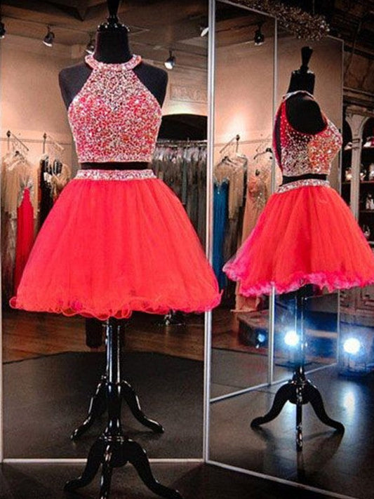 A Line Kenley Two Pieces Homecoming Dresses Sleeveless Pleated Organza Red Halter Rhinestone Backless