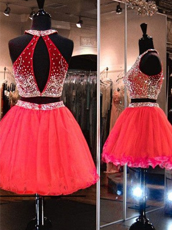 A Line Kenley Two Pieces Homecoming Dresses Sleeveless Pleated Organza Red Halter Rhinestone Backless