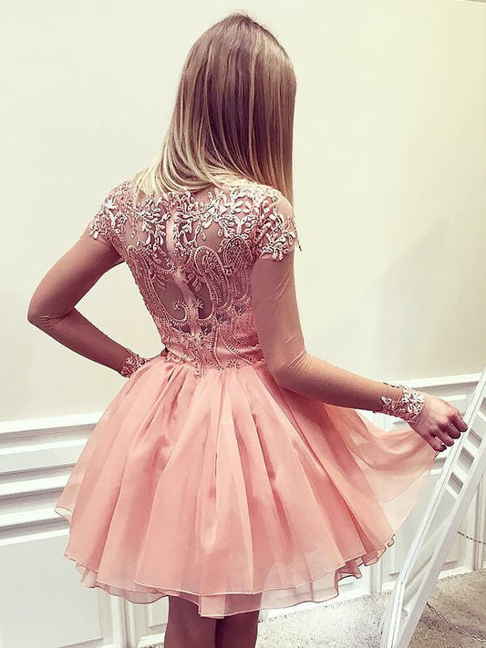 Sweetheart Off The Shoulder Homecoming Dresses Chiffon Alicia A Line Long Sleeve Sheer Beading