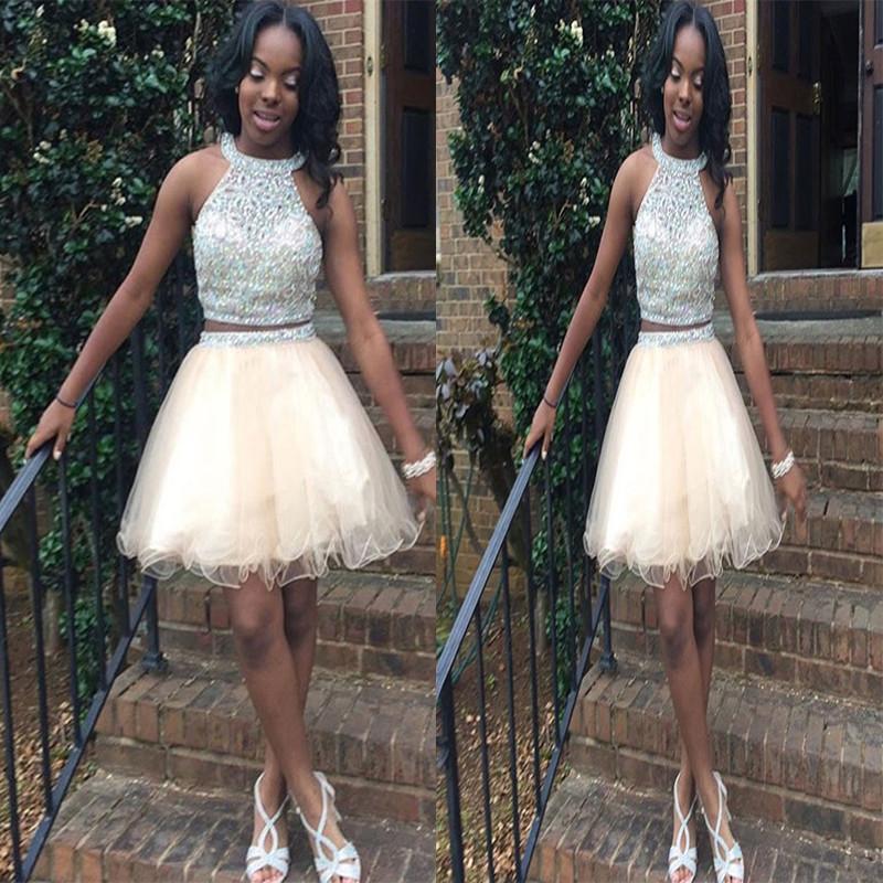 Halter Organza Sleeveless Rhinestone Two Pieces Homecoming Dresses Juliet A Line Ivory Beading