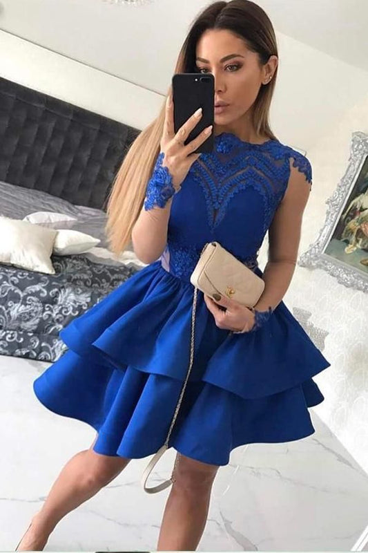 Jewel Homecoming Dresses Lace Satin Meg Royal Blue Long Sleeve Appliques Tiered Short