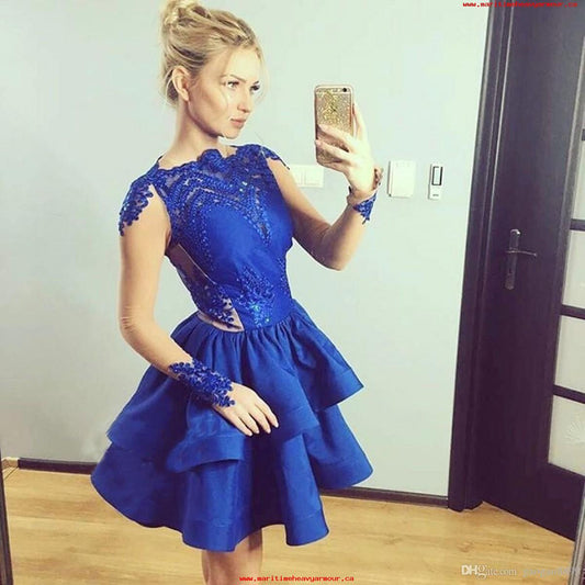 Jewel Homecoming Dresses Lace Satin Meg Royal Blue Long Sleeve Appliques Tiered Short