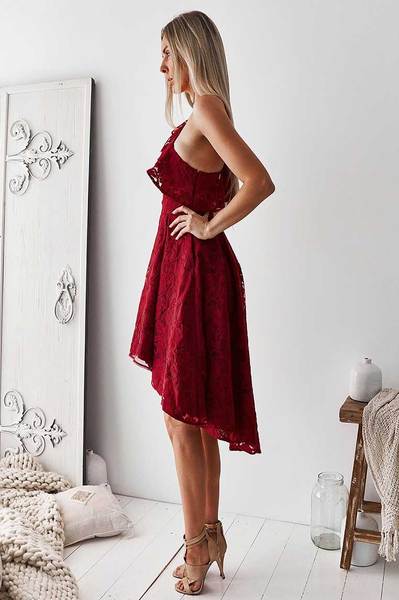 One Shoulder High Low Pleated Short Homecoming Dresses Willa A Line Lace Sleeve Falbala