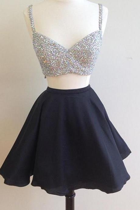 V Neck Two Pieces Chiffon A Line Roberta Homecoming Dresses Sleeveless Rhinestone Sparkle Pleated