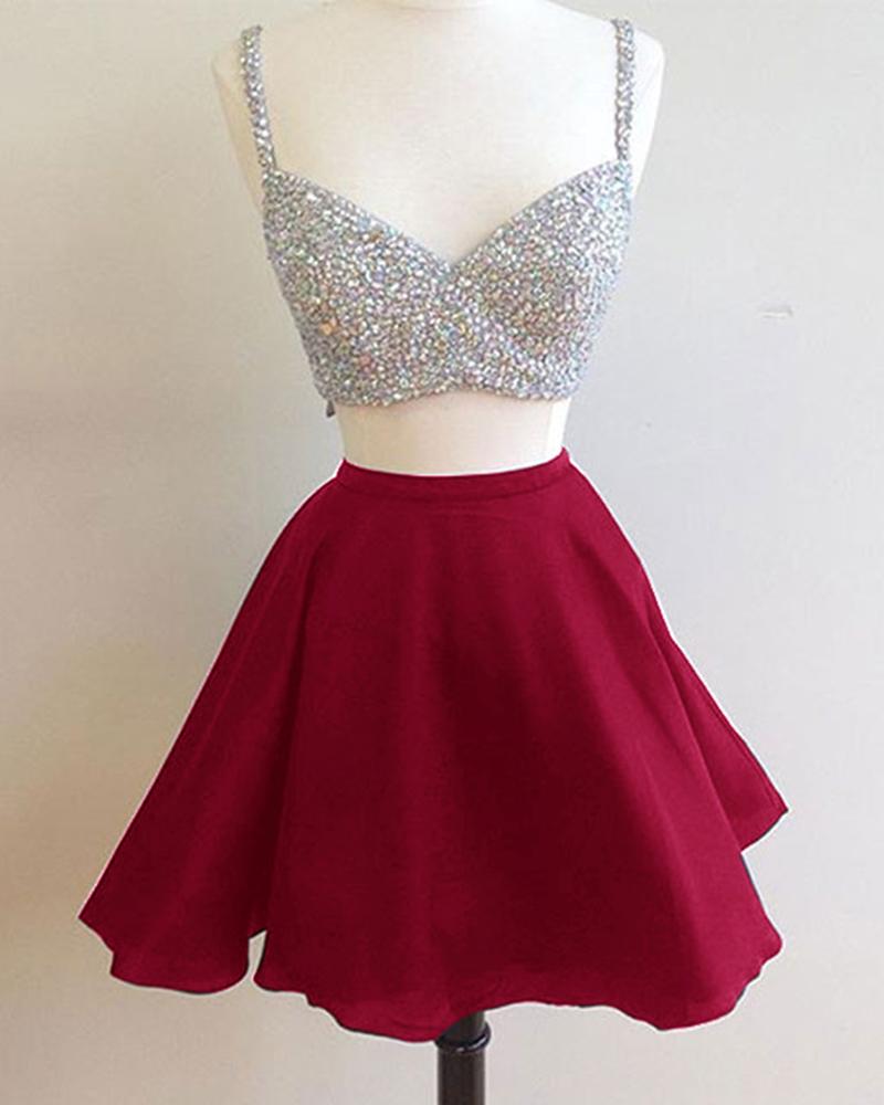 V Neck Two Pieces Chiffon A Line Roberta Homecoming Dresses Sleeveless Rhinestone Sparkle Pleated