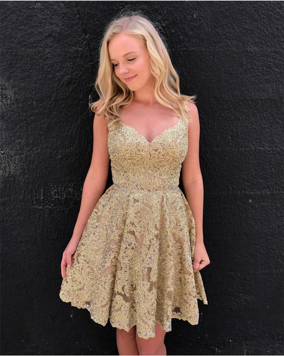 Gold V Mary A Line Lace Homecoming Dresses Neck Sleeveless Appliques Pleated Flowers Backless