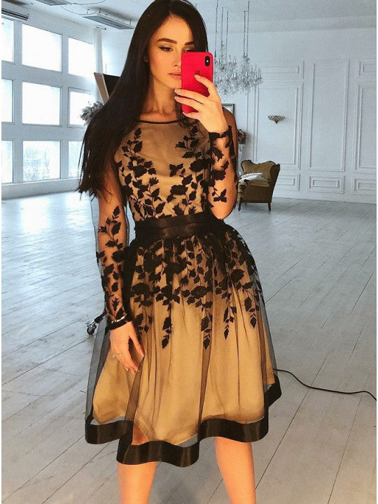 Long Sleeve Flowers Scoop Sheer Appliques Organza Pleated Homecoming Dresses Lace Alina Knee Length